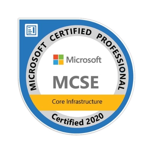 Rundes blau-silbernes Badge Microsoft Certified Professional MCSE Core Infrastructure aus dem Jahr 2020: Zertifizierungs-Badge MCSE Core Infrastructure von Microsoft - Certified 2020