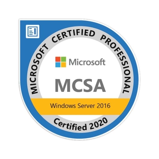 Rundes blau-silbernes Badge Microsoft Certified Professional MCSA Windows Server 2016: MCSA-Zertifikat von Microsoft für Windows Server 2016 - Certified 2020