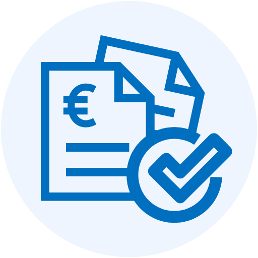 Icon für verständliche und planbare IT-Kosten – Dokument mit Euro-Symbol und Häkchen