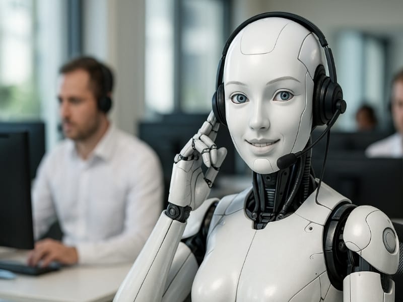 Ein freundlich lächelnder, weißer humanoider Roboter mit professionellem Headset und Mikrofon in einer modernen Büroumgebung, während im unscharfen Hintergrund ein menschlicher Kollege am Computer arbeitet. Diese Darstellung symbolisiert die smarte Telefonassistenz im Smart Office. Der von Kyrillos Poutakidis (syskypo) konzipierte KI-Voicebot zeigt, wie moderne IT-Dienstleistungen und fortschrittliche Automatisierung durch maßgeschneiderte KI-Workflows die Erreichbarkeit von Betrieben sichern.