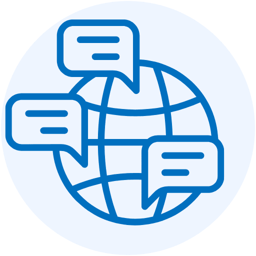 Icon für mehrsprachigen IT-Support in München – Globus mit drei angedeuteten Sprechblasen