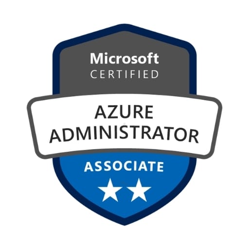 Wappenförmiges blau-graues Badge Microsoft Certified Azure Administrator Associate mit zwei weißen Sternen: Zertifizierungs-Badge Azure Administrator Associate von Microsoft